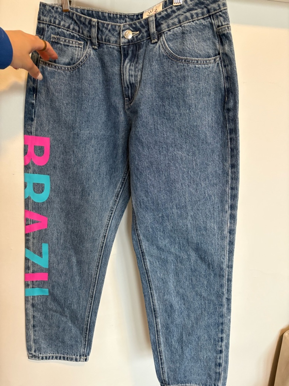 Straight-Leg Blue Denim Jeans with Side BRASIL Graphic